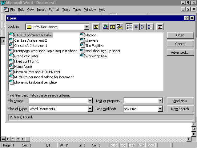Picture of where to find the search function in the open dialogue box of a word processor.